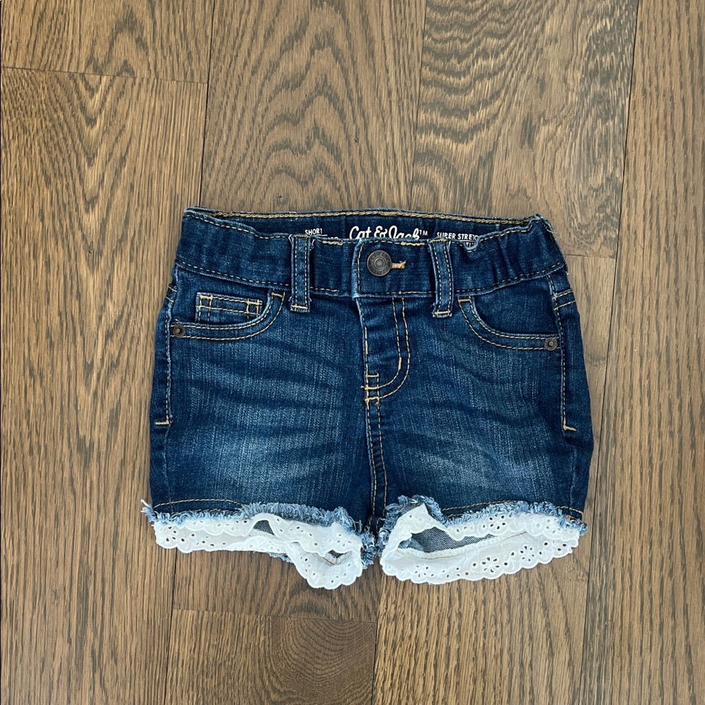Cat and Jack Baby Girl denim shorts with ruffle eyelet hem 18M Spring Summer